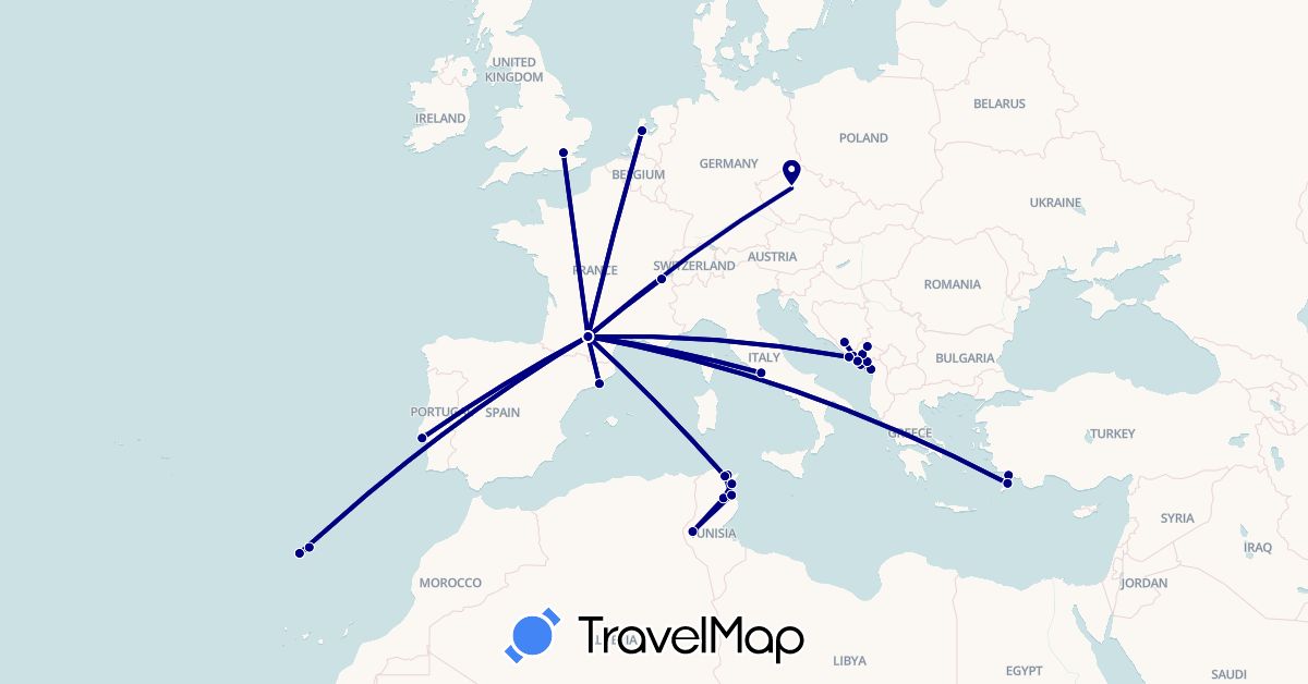 TravelMap itinerary: driving in Albania, Bosnia and Herzegovina, Switzerland, Czech Republic, Spain, France, United Kingdom, Greece, Croatia, Italy, Montenegro, Netherlands, Portugal, Tunisia, Turkey (Africa, Asia, Europe)